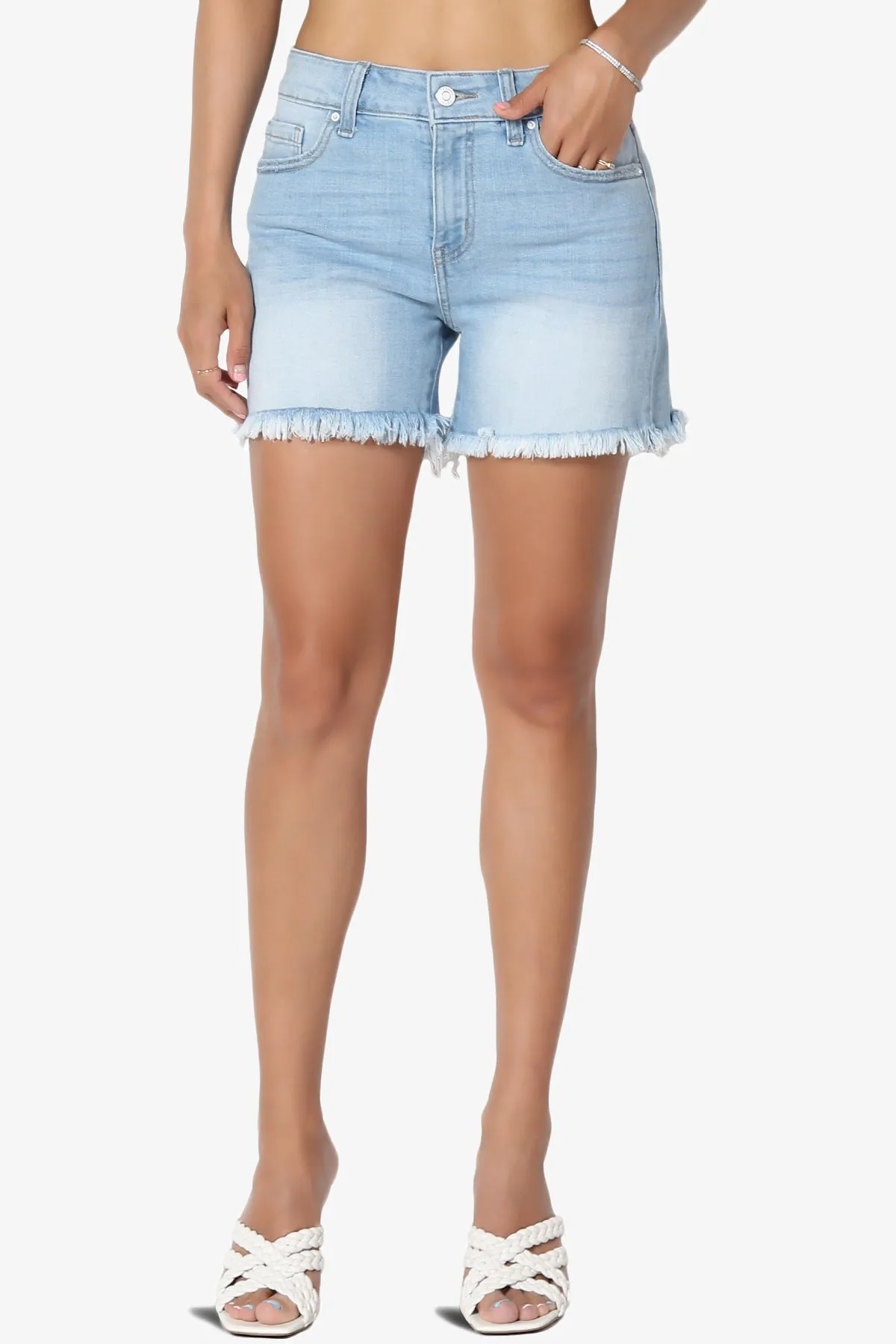 Mingle Frayed Hem High Rise Stretch Denim Shorts