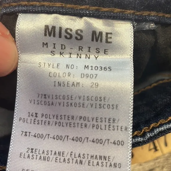 Miss Me Mid Rise Skinny Jeans Viscose Poly Elastane Blend Size 29.