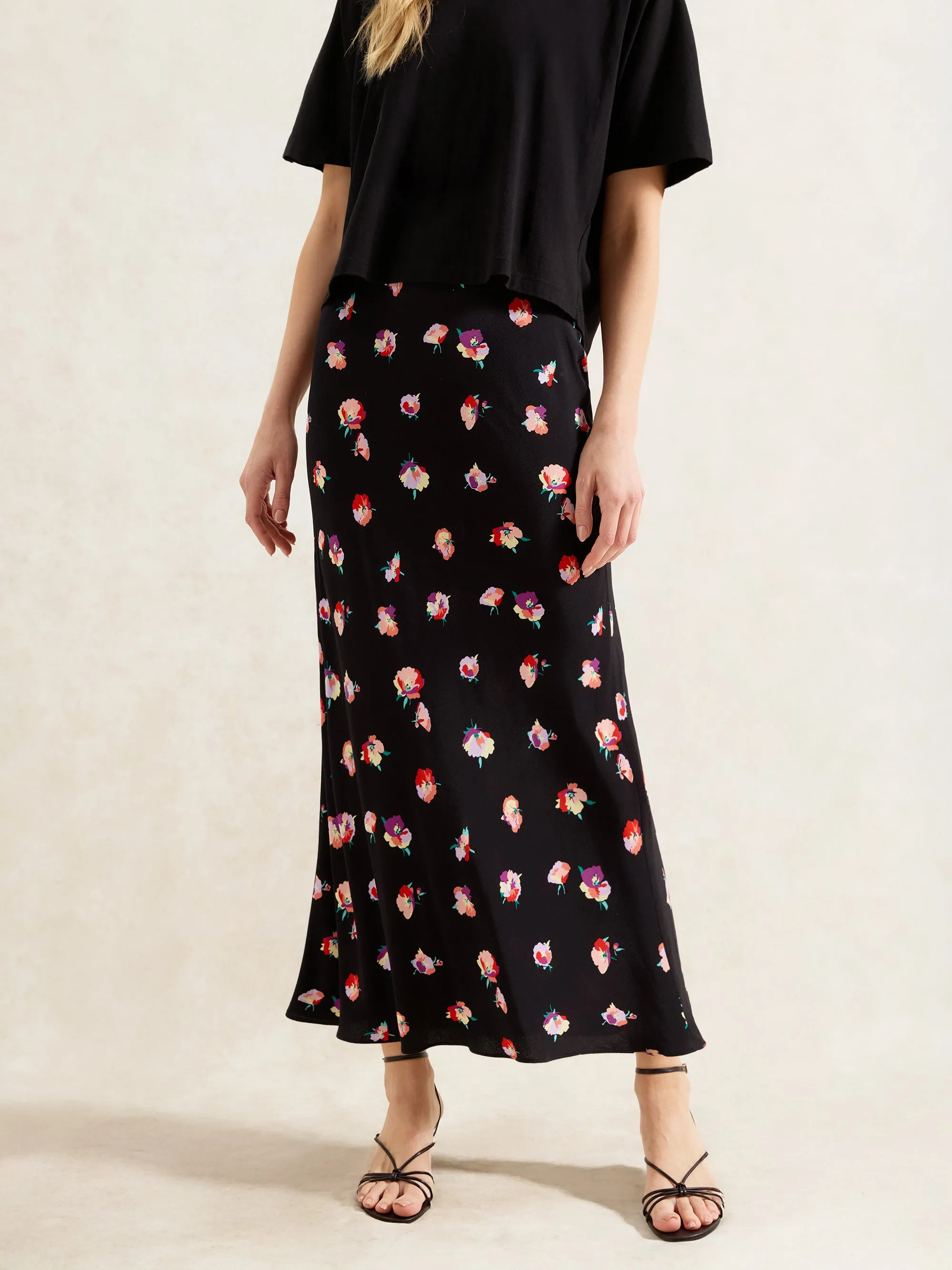 Multi Pansy Print Bias Cut Skirt