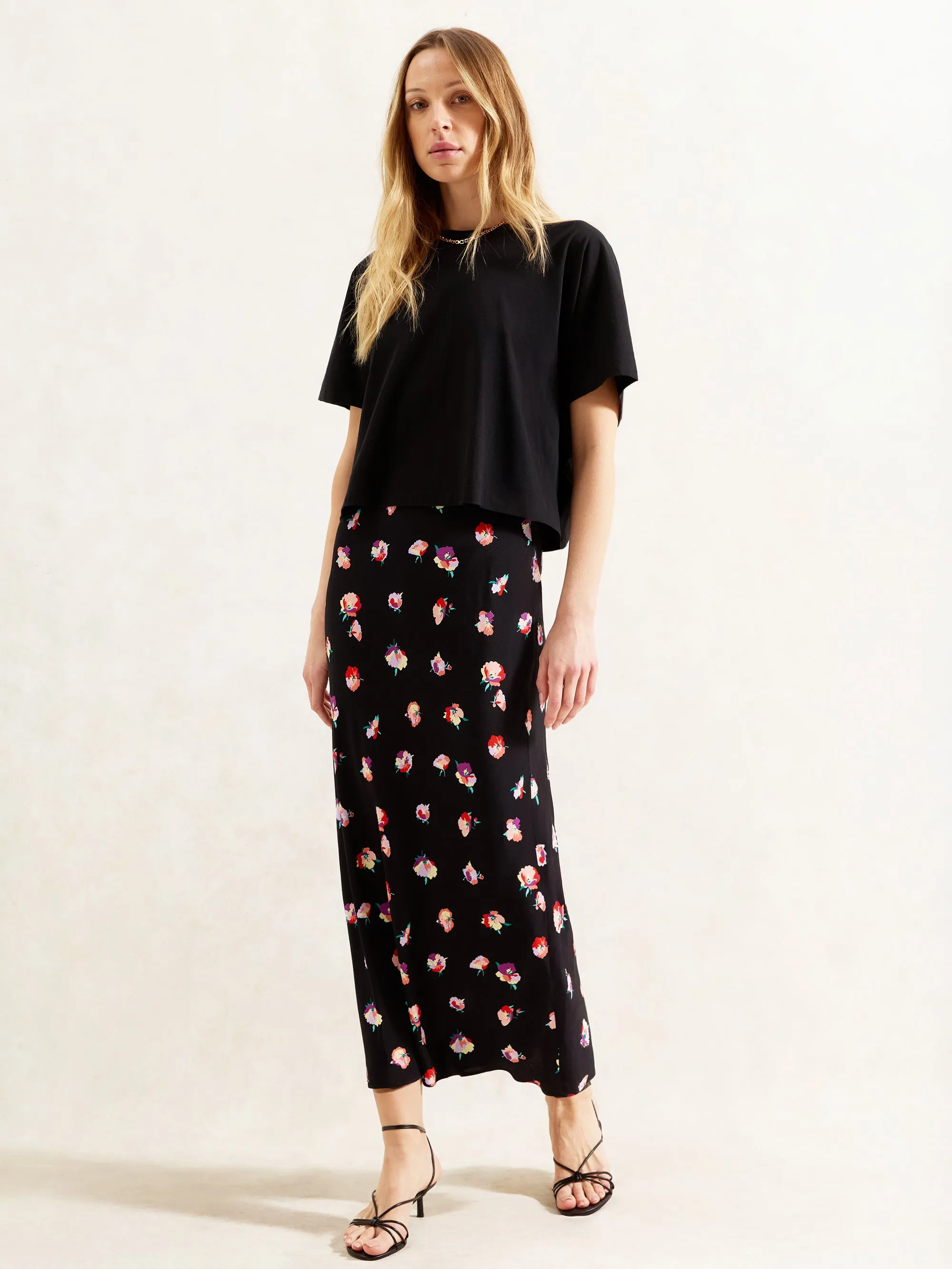 Multi Pansy Print Bias Cut Skirt
