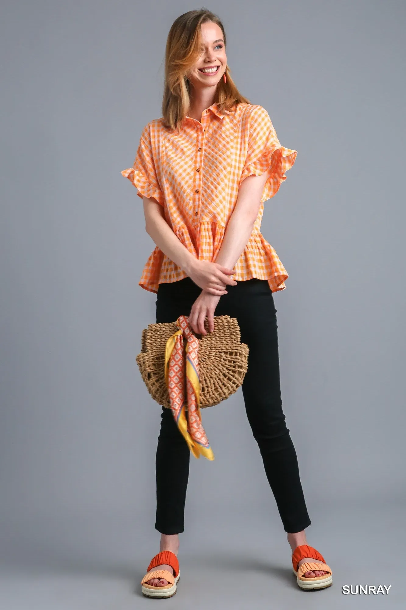 Orange Gingham Button Up Top