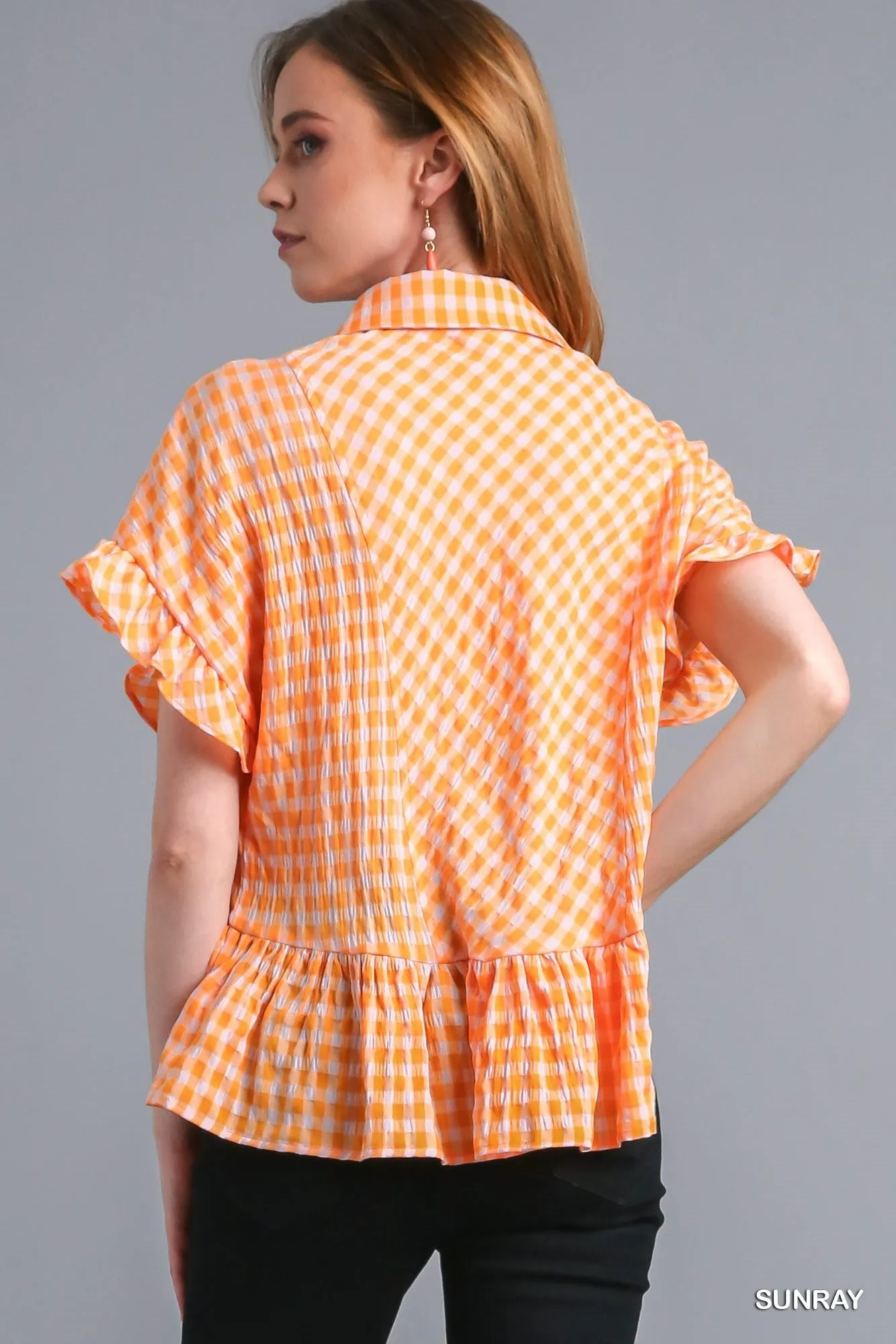 Orange Gingham Button Up Top
