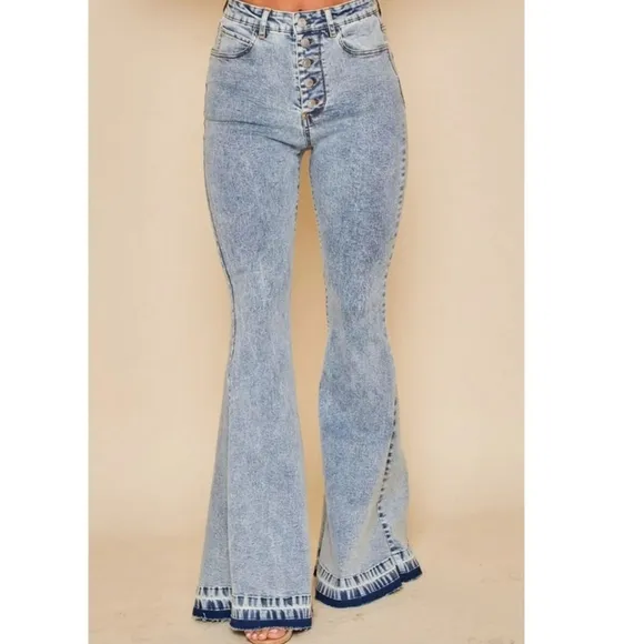 Peach love California super flare hippie Bell Bottom Stone washed jeans *small*