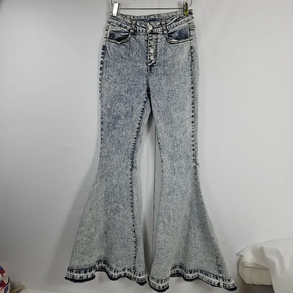Peach love California super flare hippie Bell Bottom Stone washed jeans *small*
