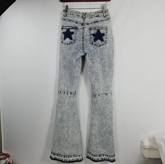 Peach love California super flare hippie Bell Bottom Stone washed jeans *small*