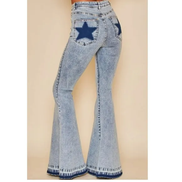 Peach love California super flare hippie Bell Bottom Stone washed jeans *small*
