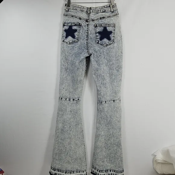 Peach love California super flare hippie Bell Bottom Stone washed jeans *small*