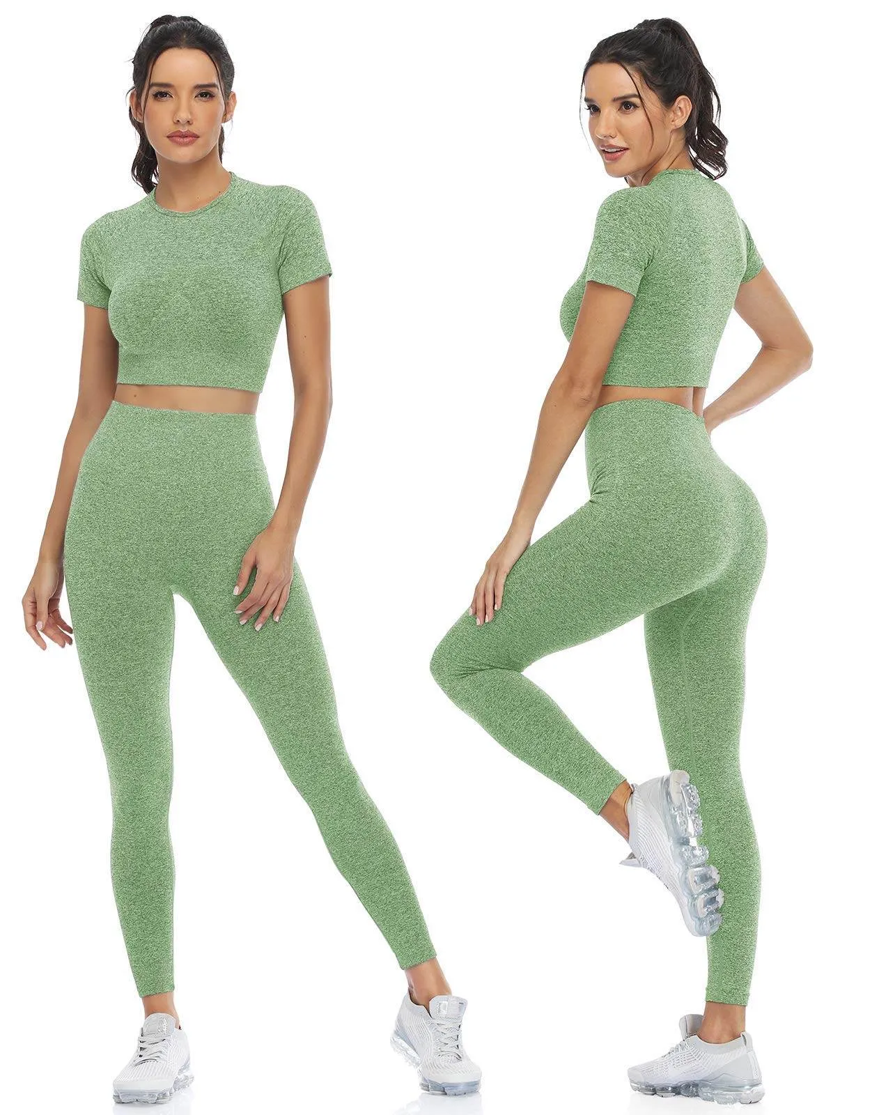 PINKSAVIOR Workout Sets for Women Two Piece Outfits Seamless High Waist Leggings Yoga Crop Tops Athletic Sports Gym Sets(P005M-Avocado