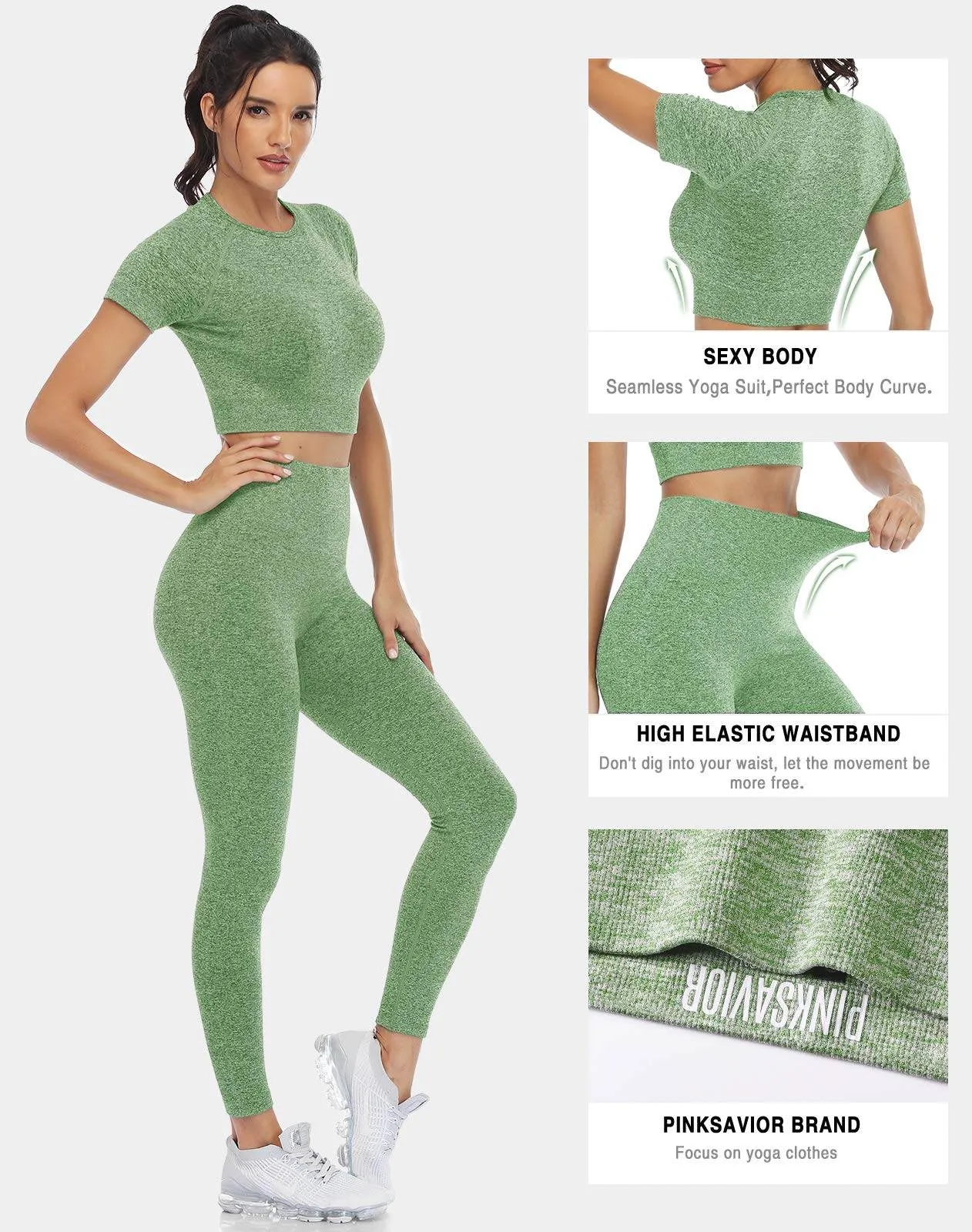 PINKSAVIOR Workout Sets for Women Two Piece Outfits Seamless High Waist Leggings Yoga Crop Tops Athletic Sports Gym Sets(P005M-Avocado
