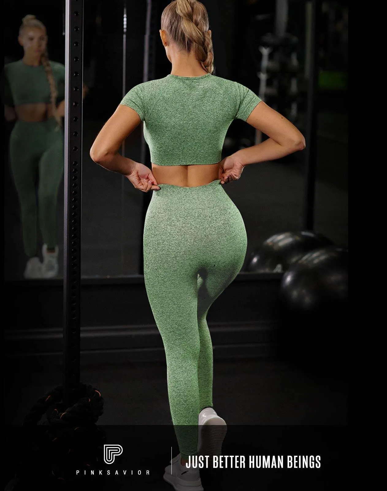 PINKSAVIOR Workout Sets for Women Two Piece Outfits Seamless High Waist Leggings Yoga Crop Tops Athletic Sports Gym Sets(P005M-Avocado