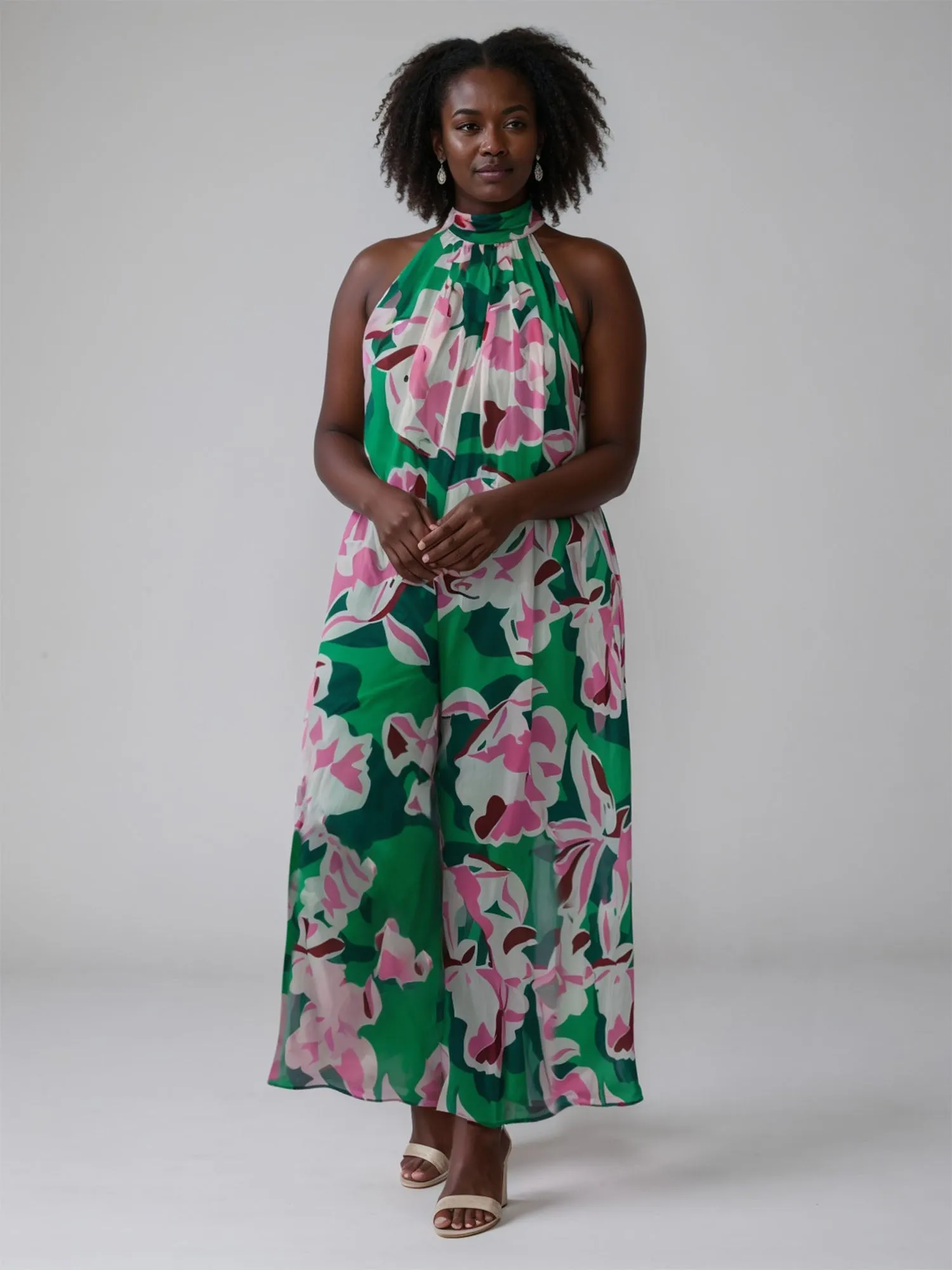Plus Halter Wide Leg Pink Floral Jumpsuit