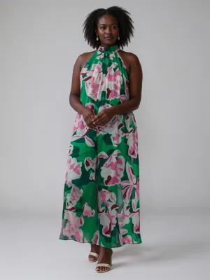 Plus Halter Wide Leg Pink Floral Jumpsuit