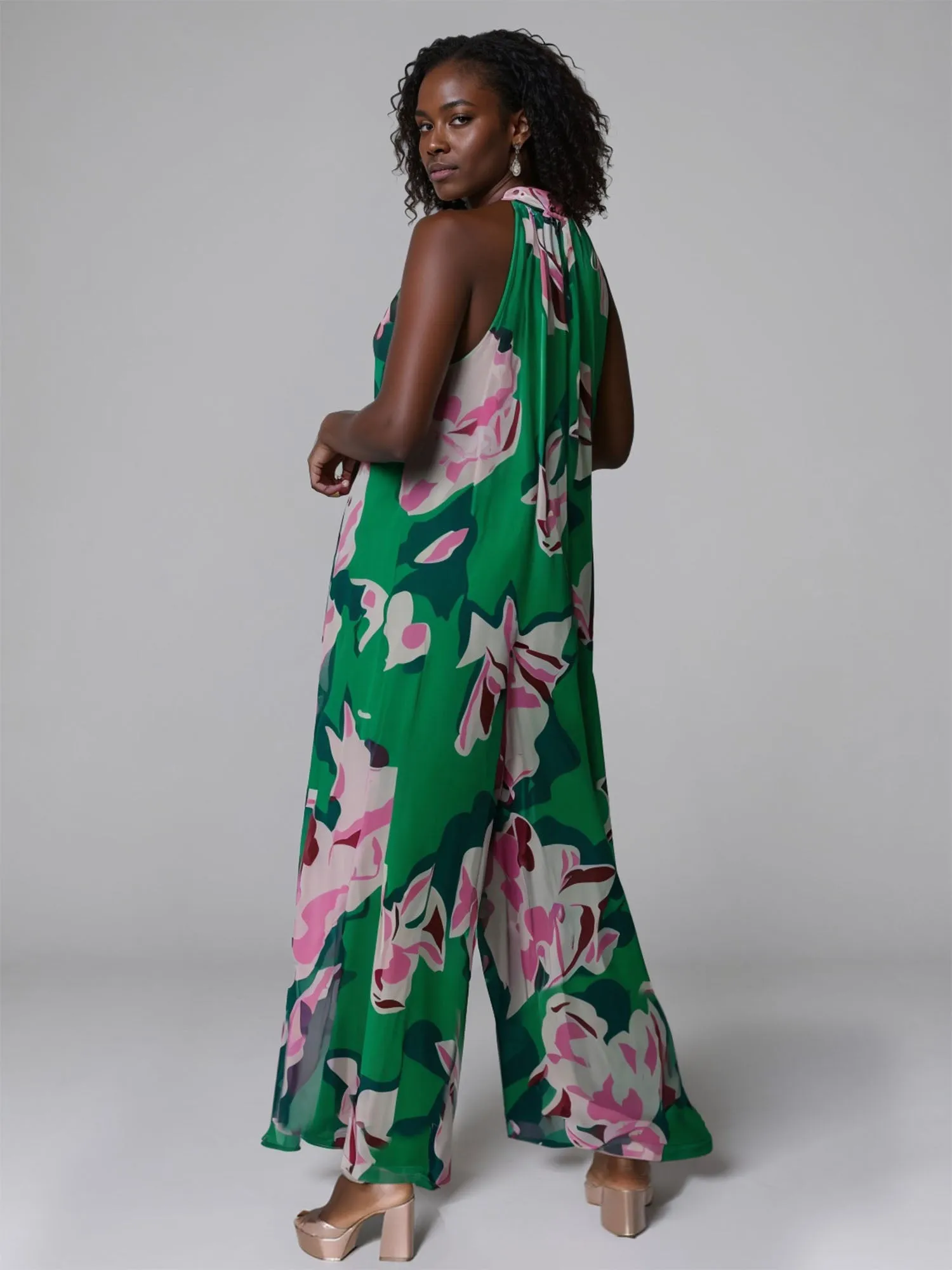 Plus Halter Wide Leg Pink Floral Jumpsuit