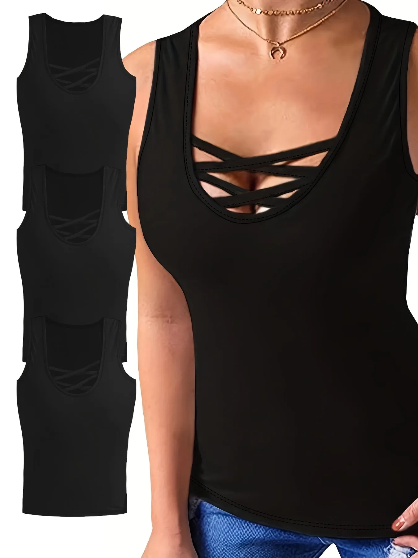Plus Size Solid Color Scoop Neck Sports Tank Top – Cross Strap Design