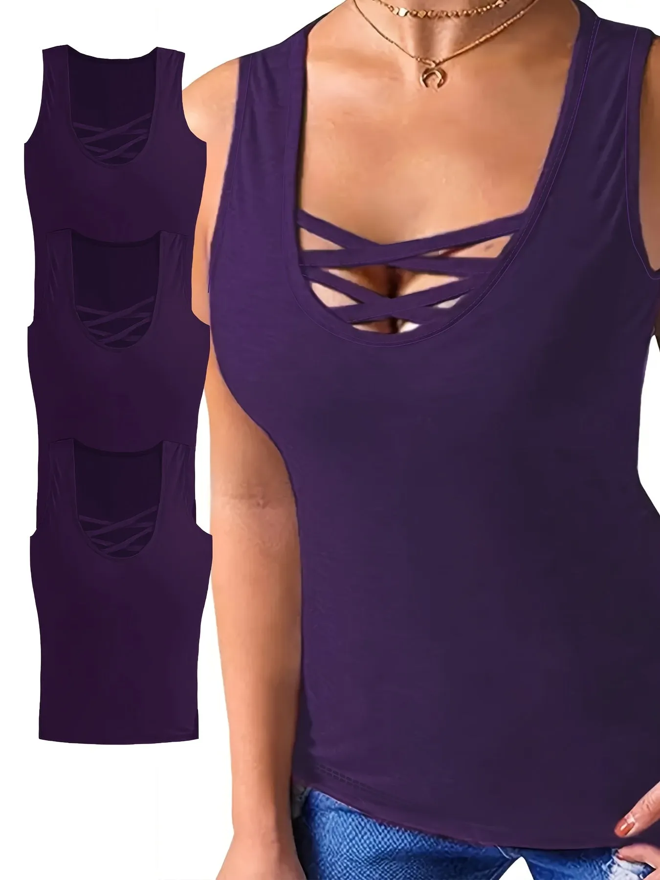 Plus Size Solid Color Scoop Neck Sports Tank Top – Cross Strap Design