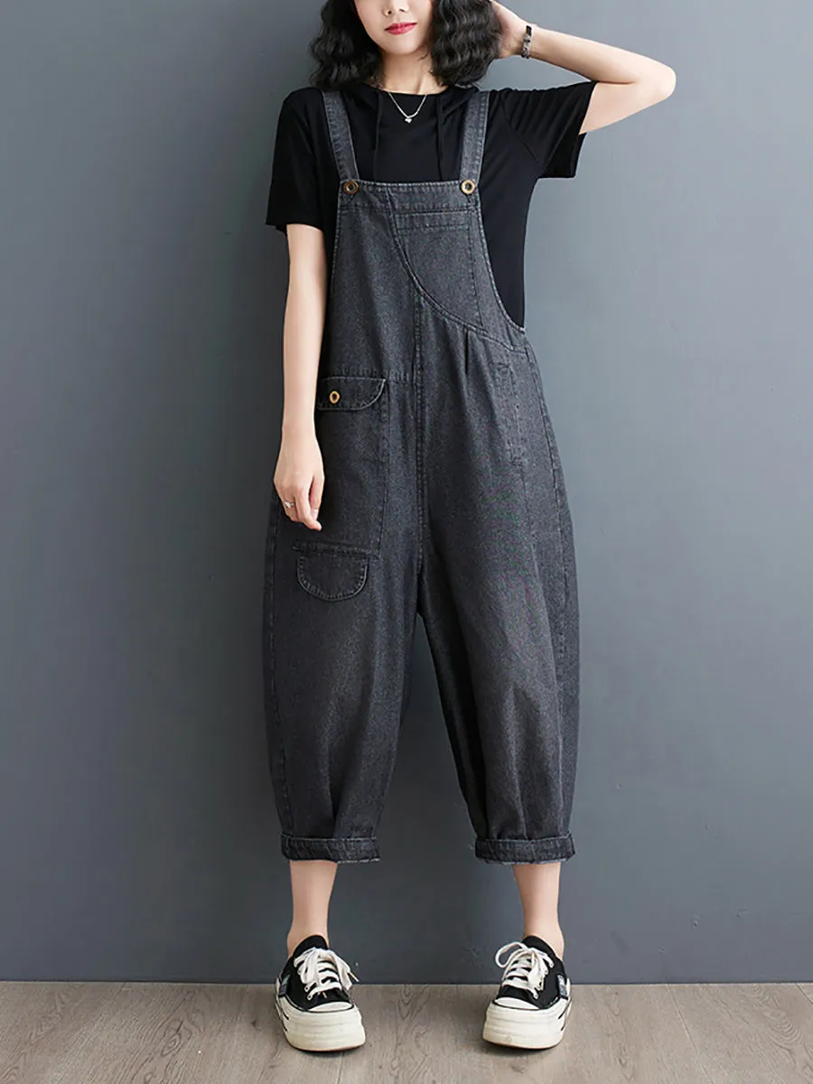 Plus Size Women Summer Solid Casual Loose Denim Jumpsuits