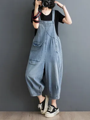 Plus Size Women Summer Solid Casual Loose Denim Jumpsuits