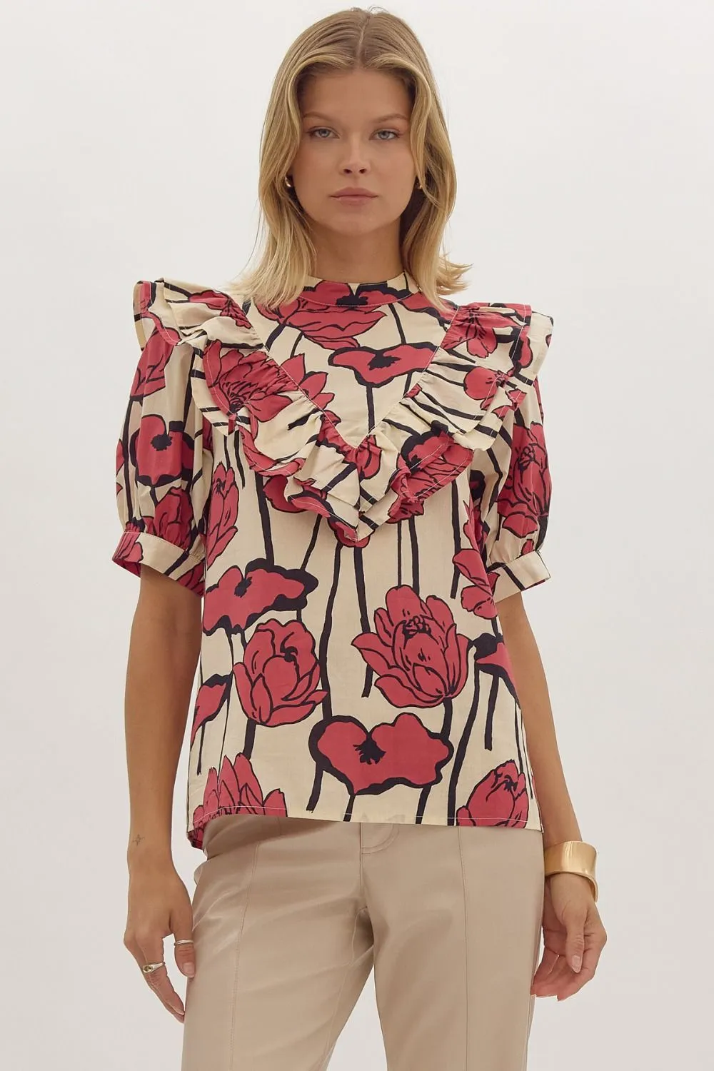 Red Floral Mock Neck Top