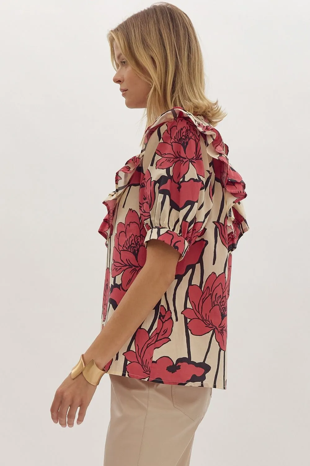 Red Floral Mock Neck Top
