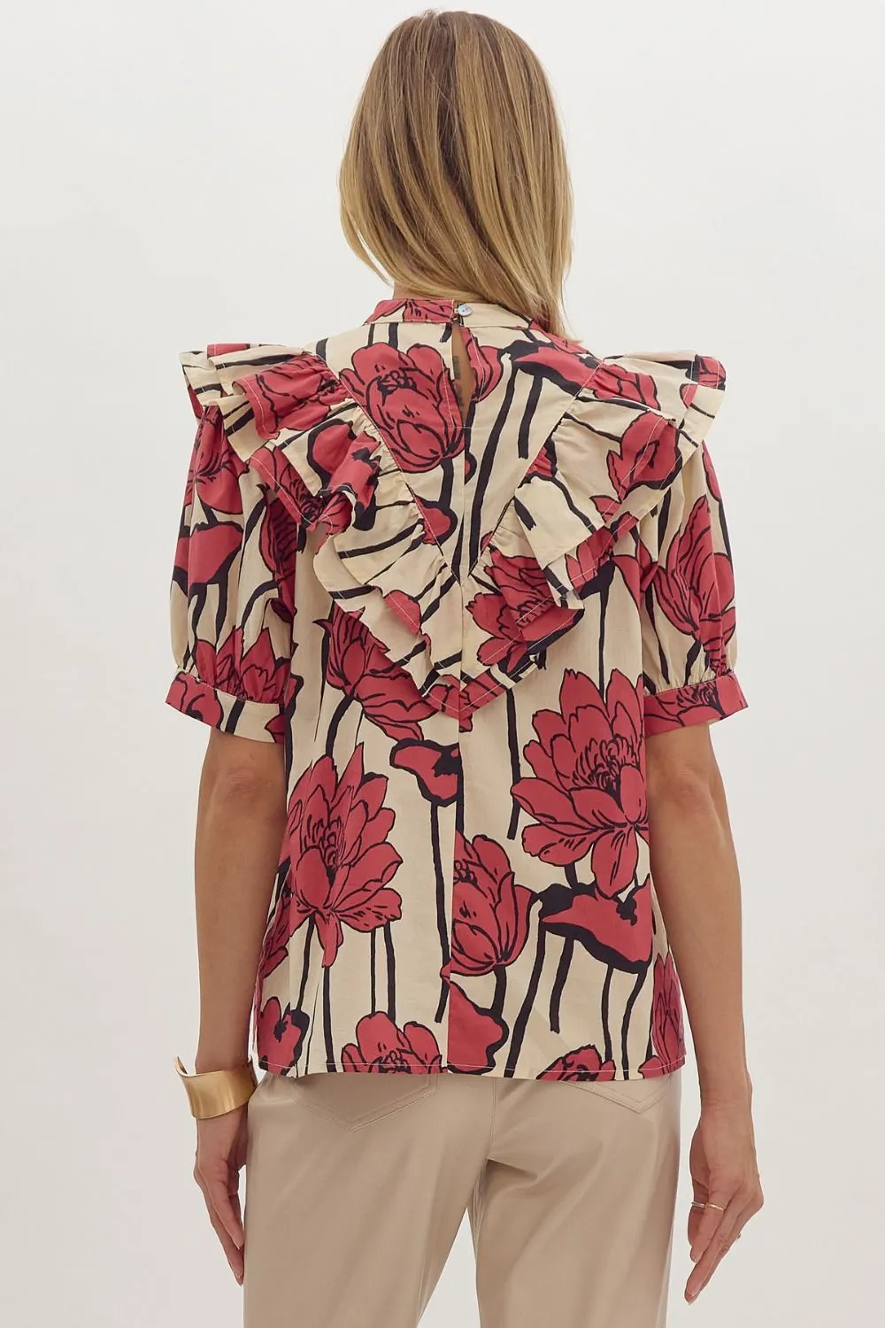 Red Floral Mock Neck Top