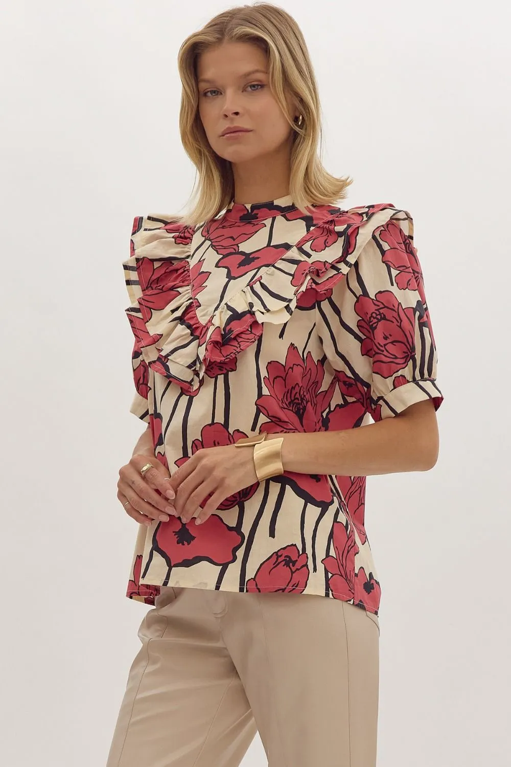 Red Floral Mock Neck Top
