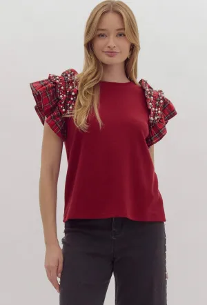 Red Plaid Pearl Top