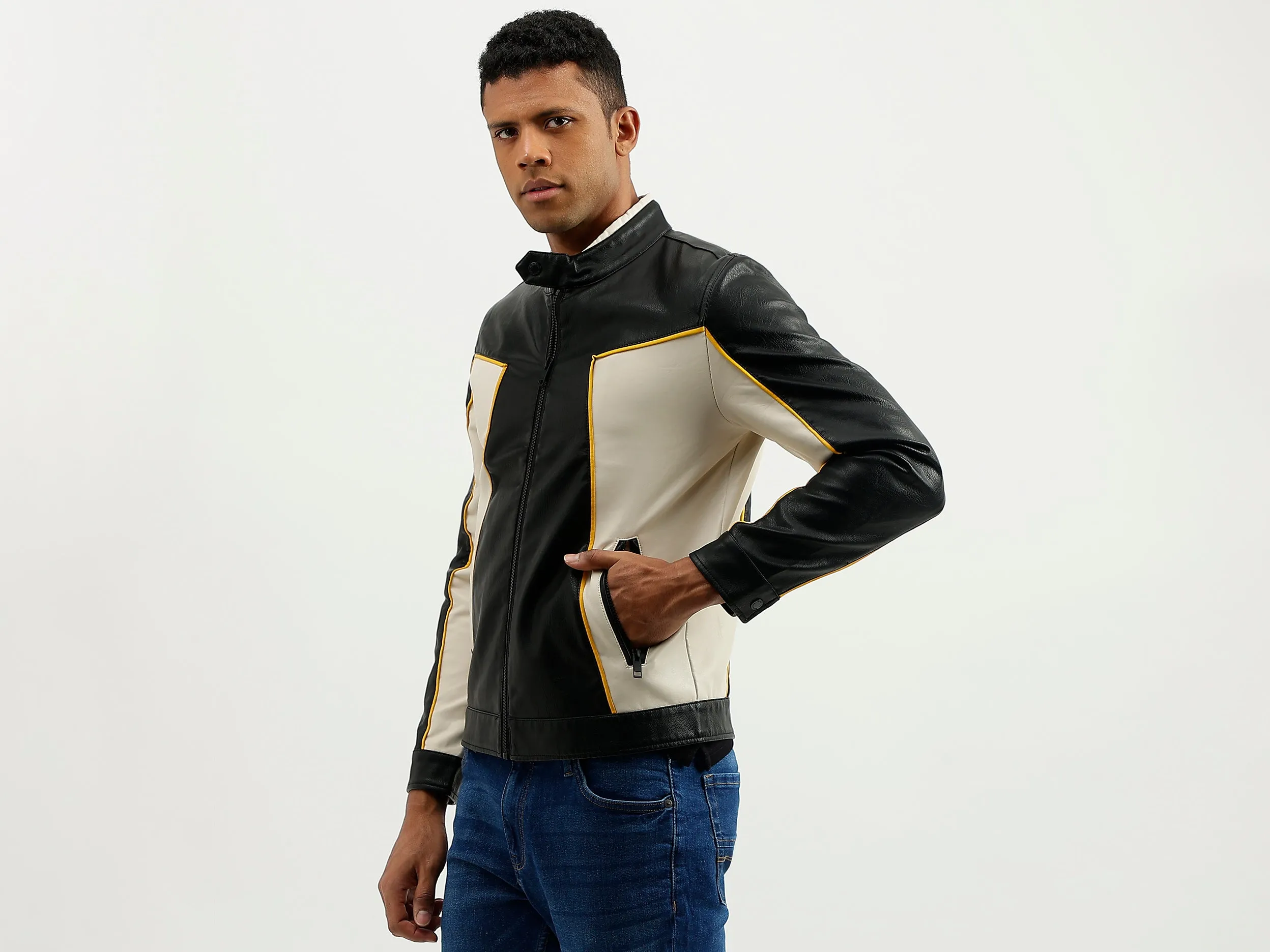 Regular Fit Band Neck Colourblocked Jacket