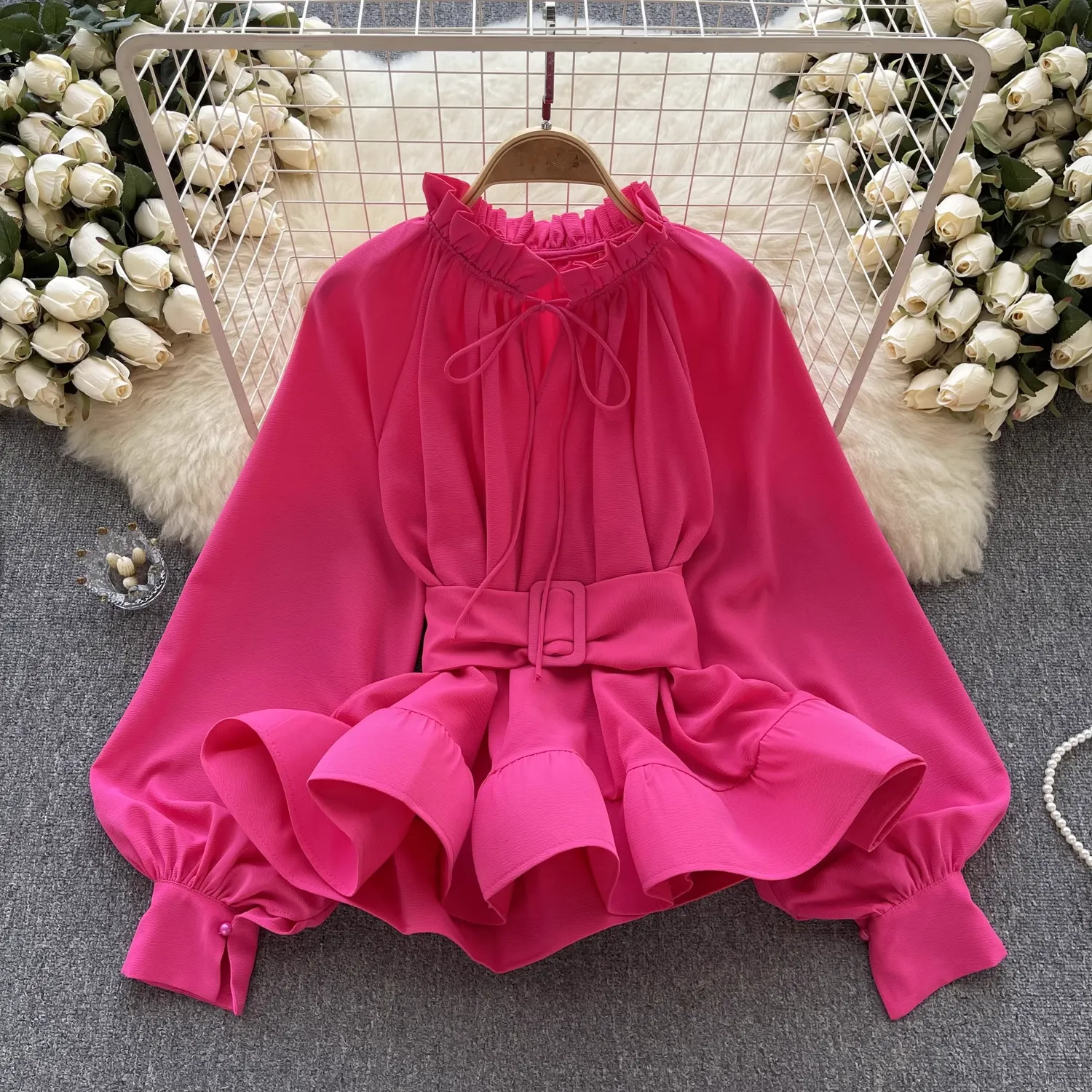 Retro court style waist tie with ruffle leaf edge blouses female niche chic long sleeves