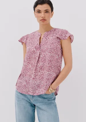 Ruffle Sleeve Blouse - Maroon Print