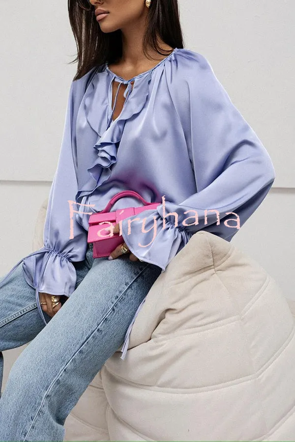 Satin Solid Color V-neck Tie Ruffle Casual Shirt