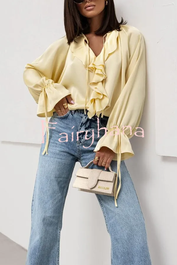 Satin Solid Color V-neck Tie Ruffle Casual Shirt