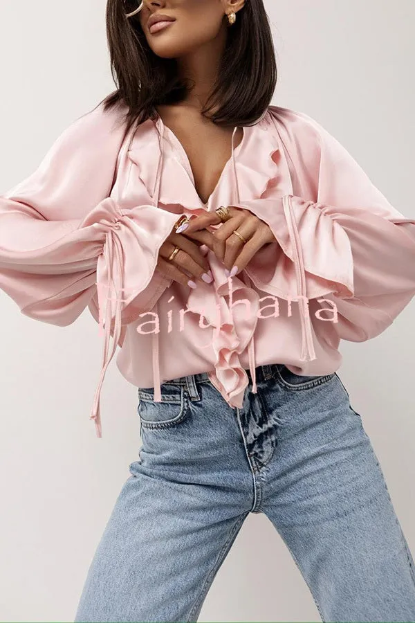 Satin Solid Color V-neck Tie Ruffle Casual Shirt