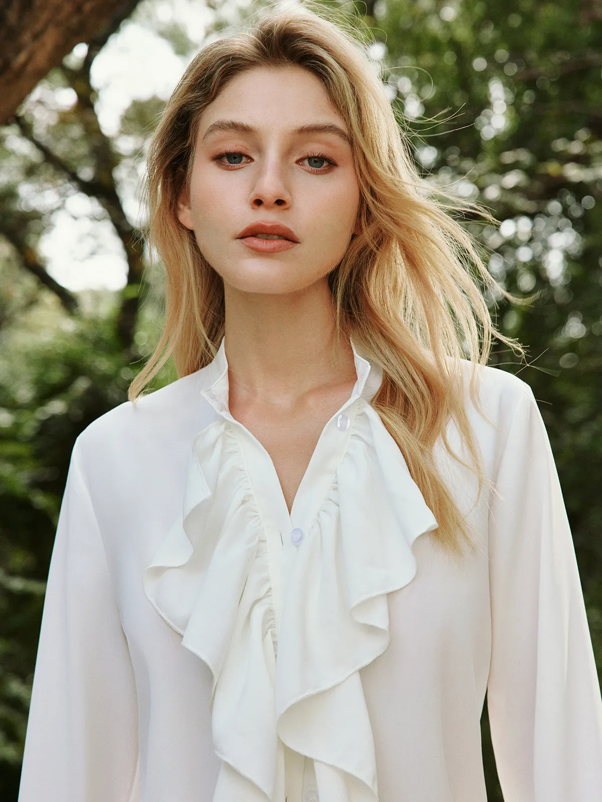 Semi-Sheer Button Ruffle Thin Blouse