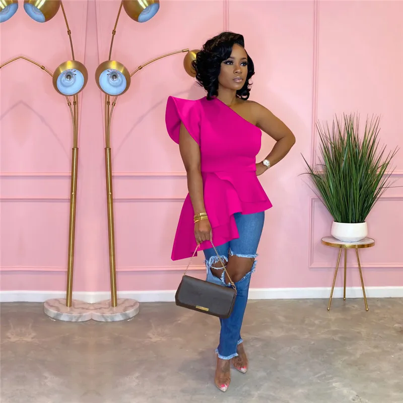 Show Stopper One-Shoulder Asymmetrical Ruffle Peplum Blouse