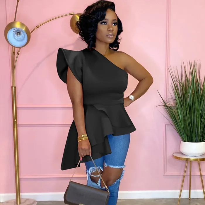 Show Stopper One-Shoulder Asymmetrical Ruffle Peplum Blouse