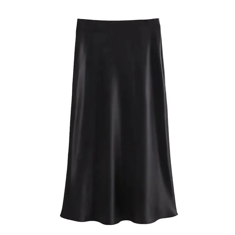 SilkCharm-High-Waist Satin Midi Skirt