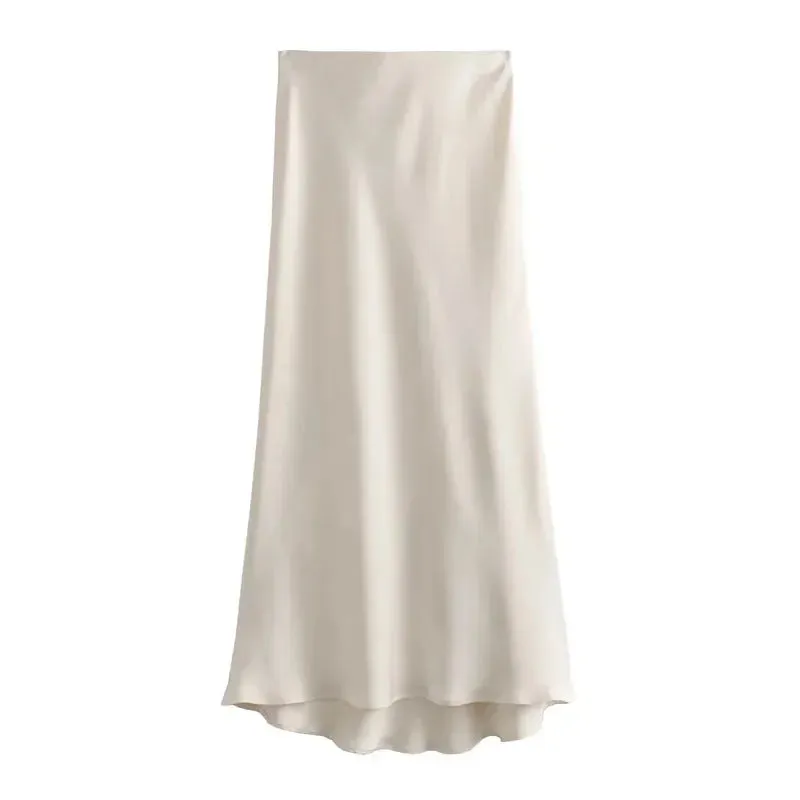 SilkCharm-High-Waist Satin Midi Skirt