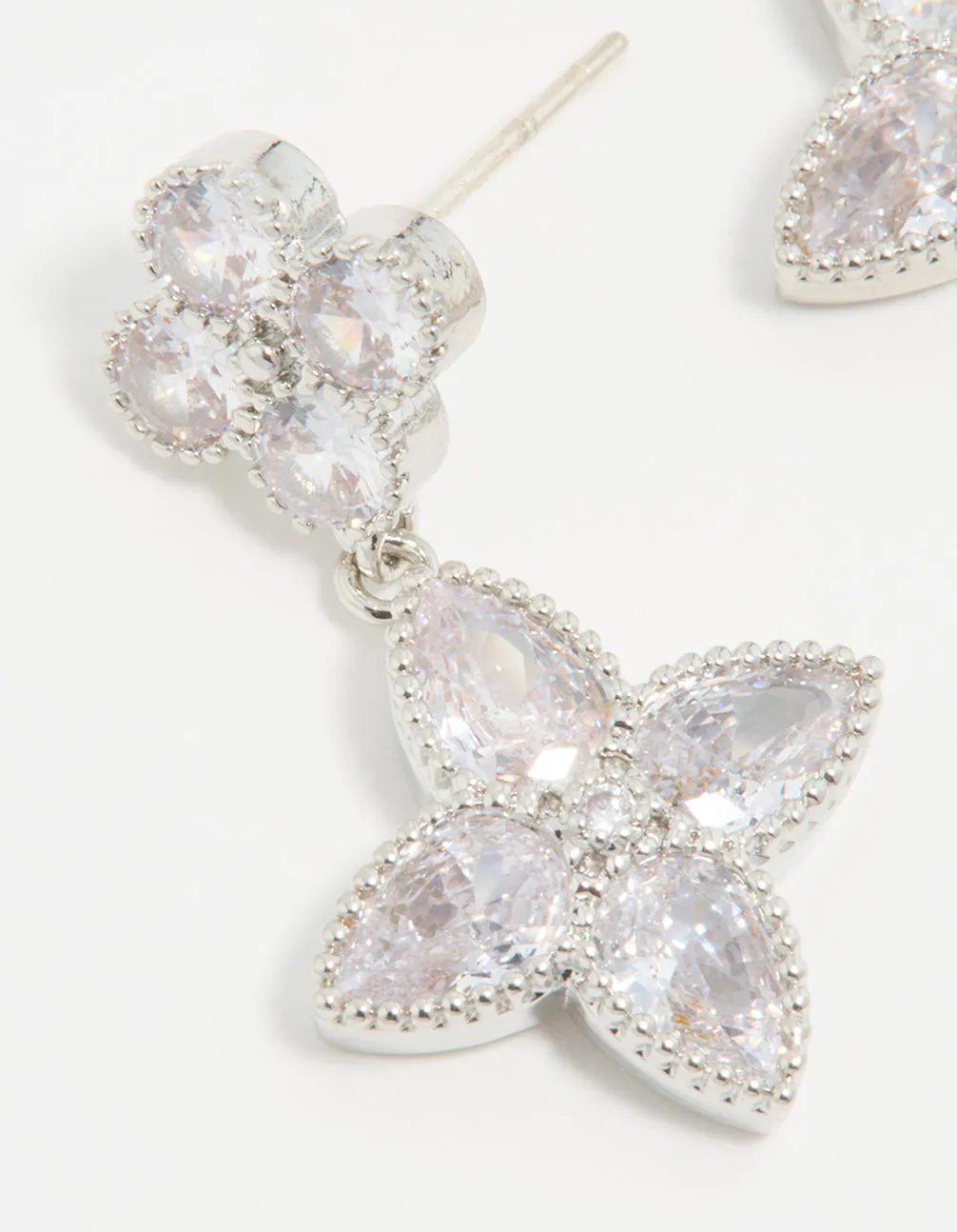 Silver Cubic Zirconia Double Flower Drop Earrings