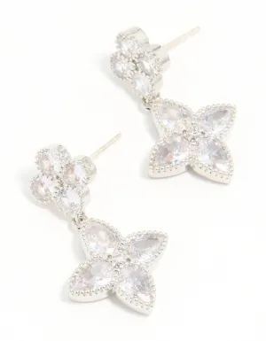 Silver Cubic Zirconia Double Flower Drop Earrings