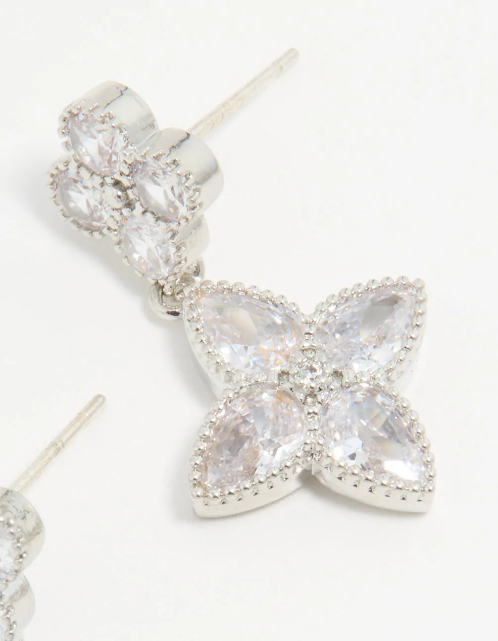 Silver Cubic Zirconia Double Flower Drop Earrings