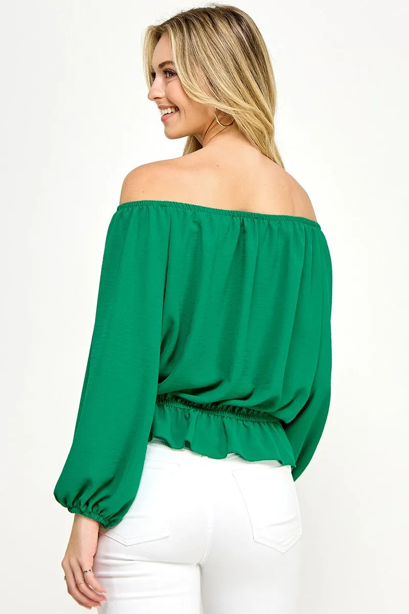 Solid Off Shoulder Balloon Sleeve Ruffle Bottom Top | FINAL SALE