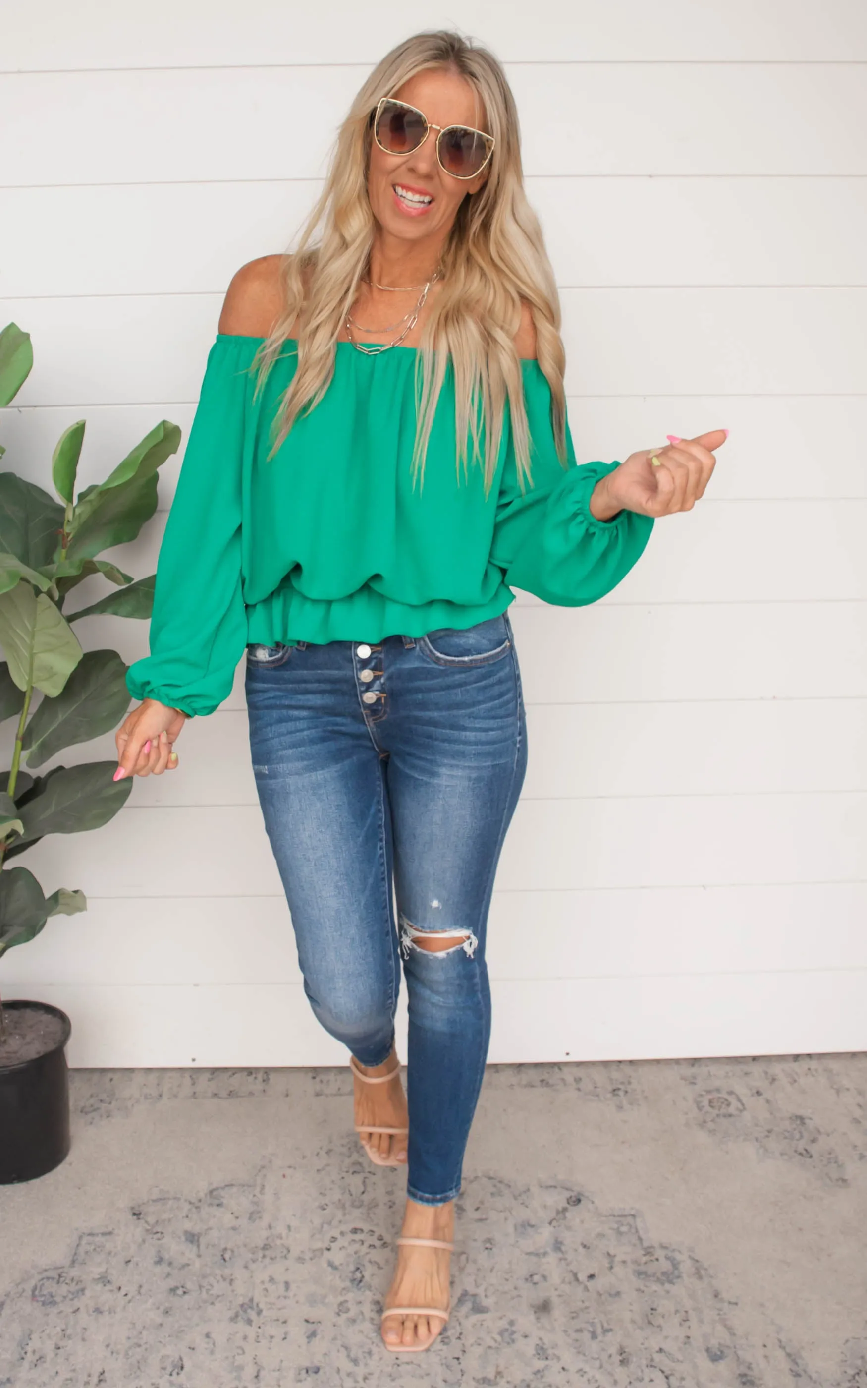 Solid Off Shoulder Balloon Sleeve Ruffle Bottom Top | FINAL SALE