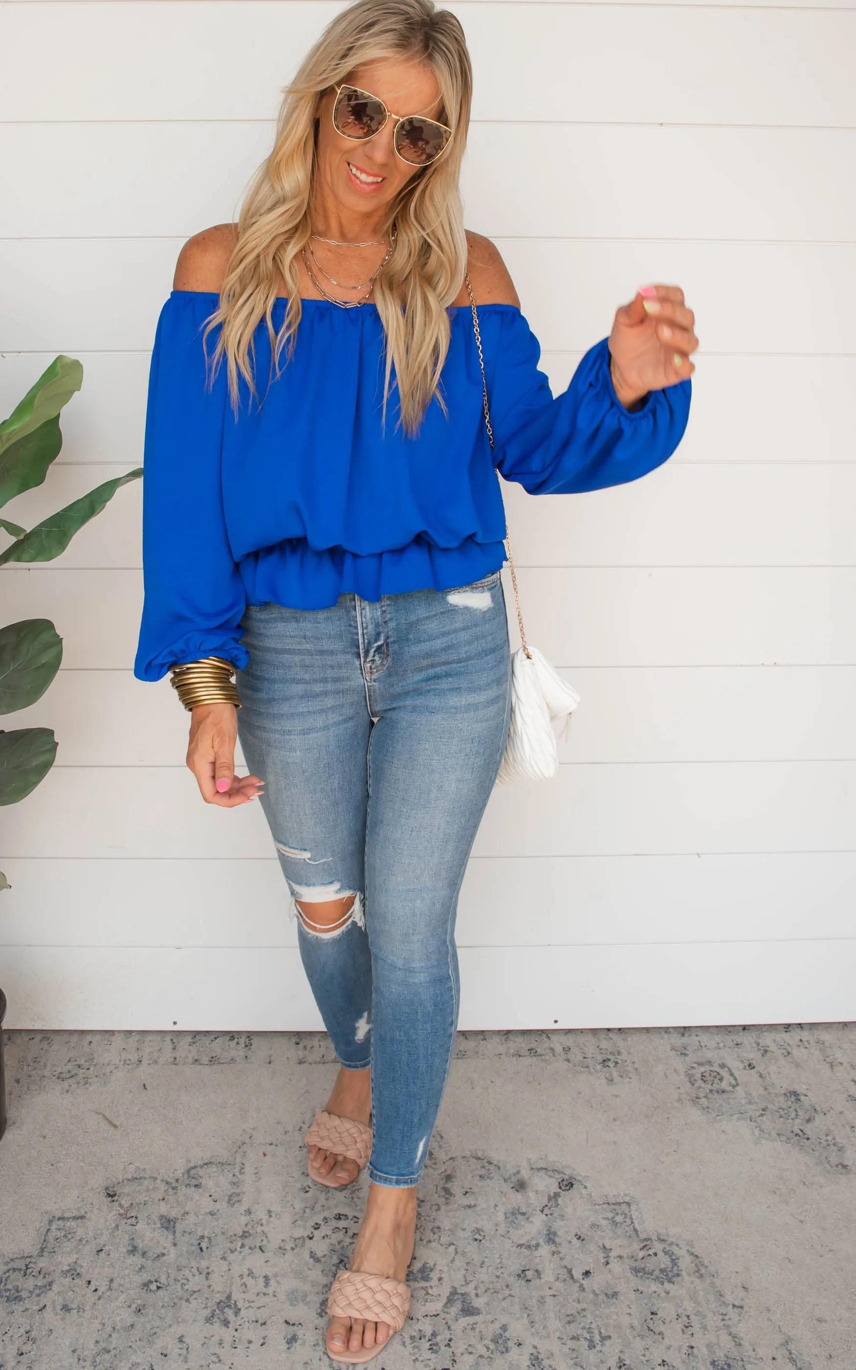 Solid Off Shoulder Balloon Sleeve Ruffle Bottom Top | FINAL SALE