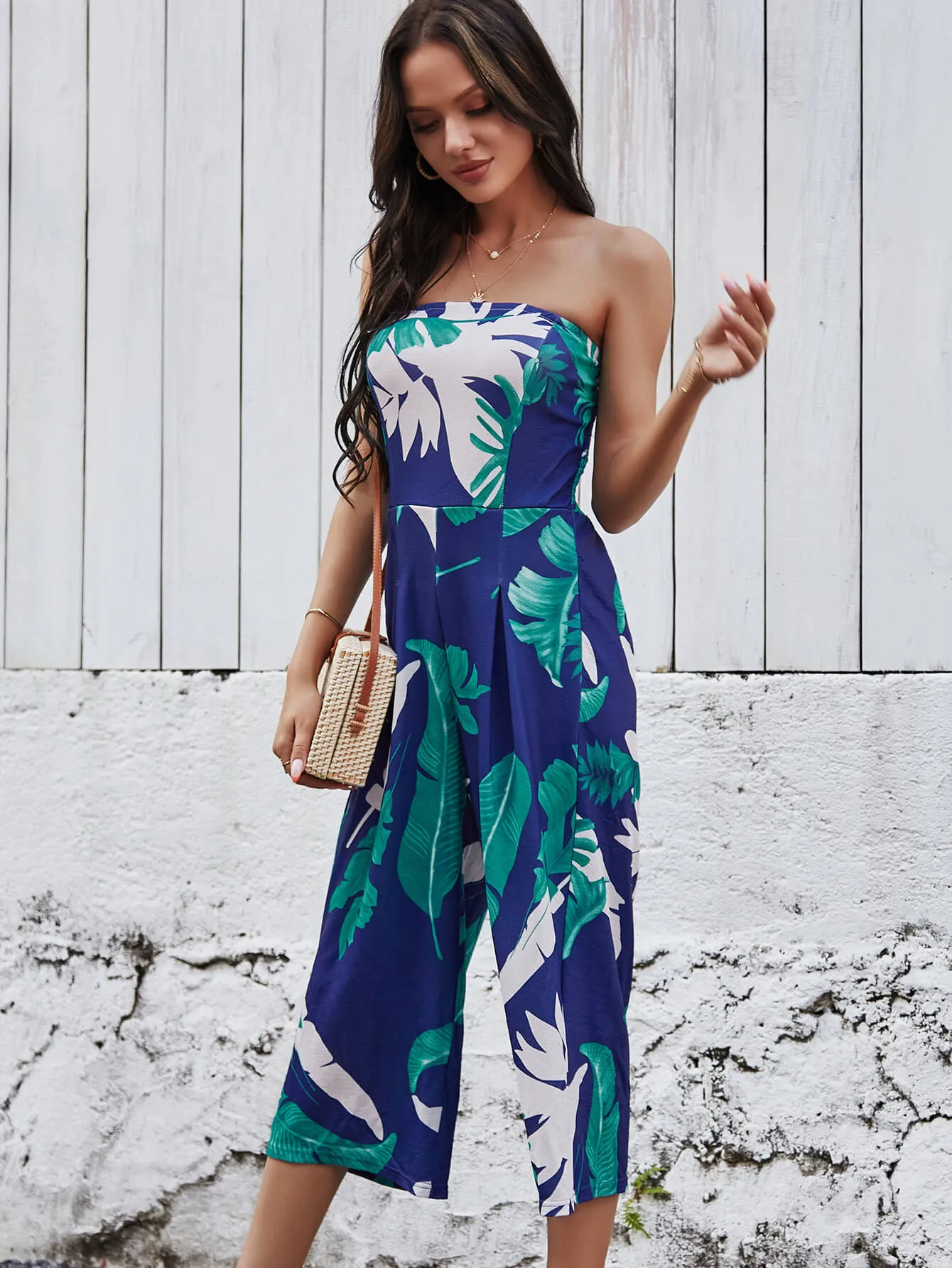 Strapless Palm Print Jumpsuit - Navy