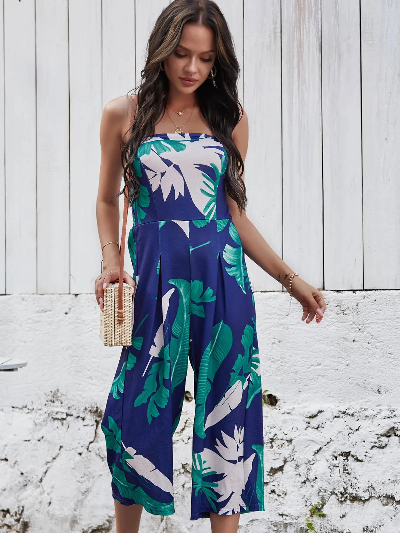 Strapless Palm Print Jumpsuit - Navy
