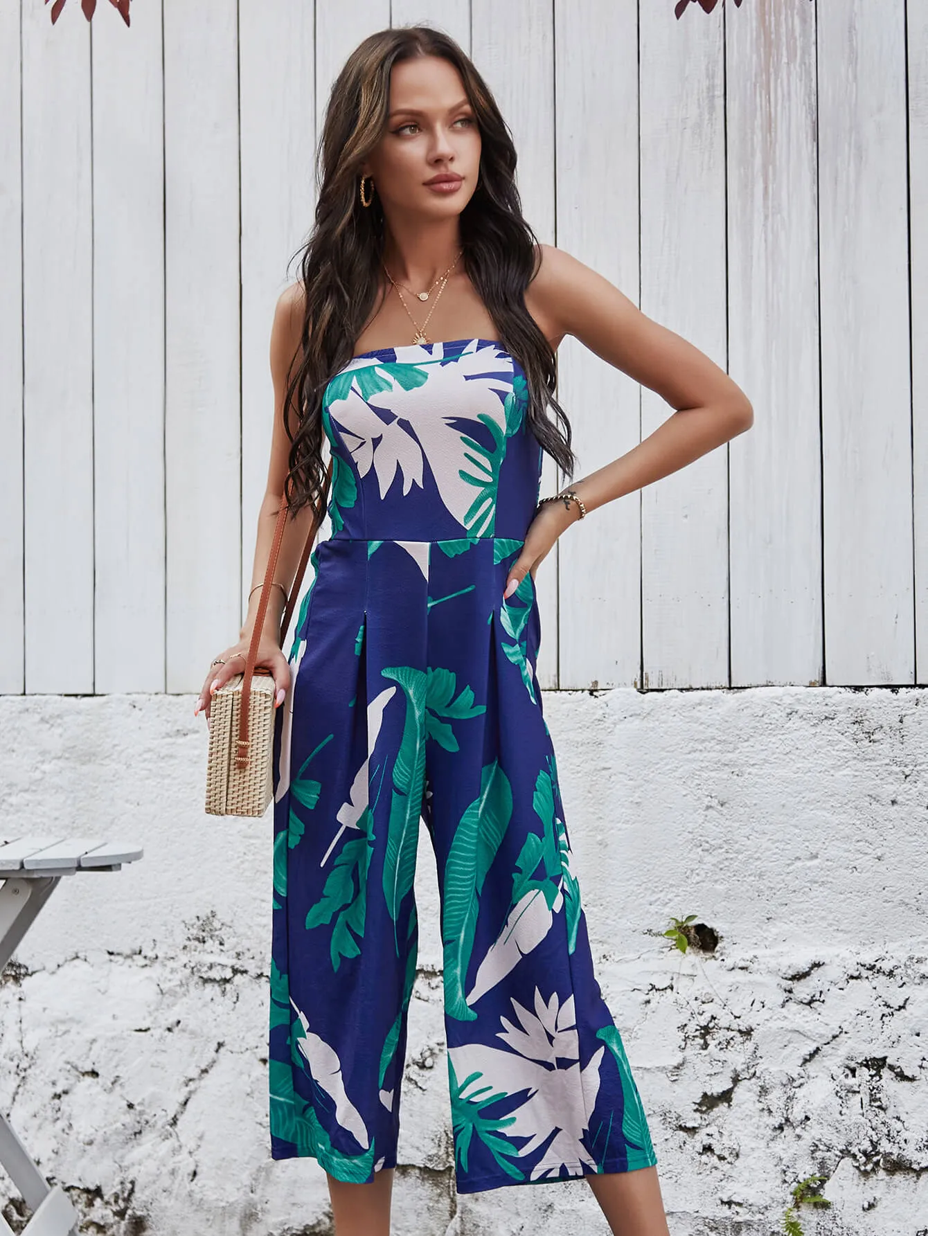 Strapless Palm Print Jumpsuit - Navy