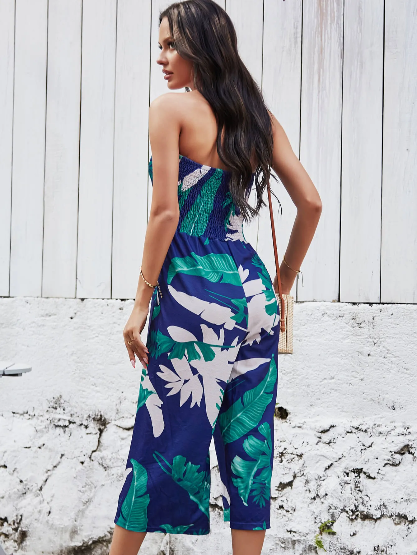 Strapless Palm Print Jumpsuit - Navy