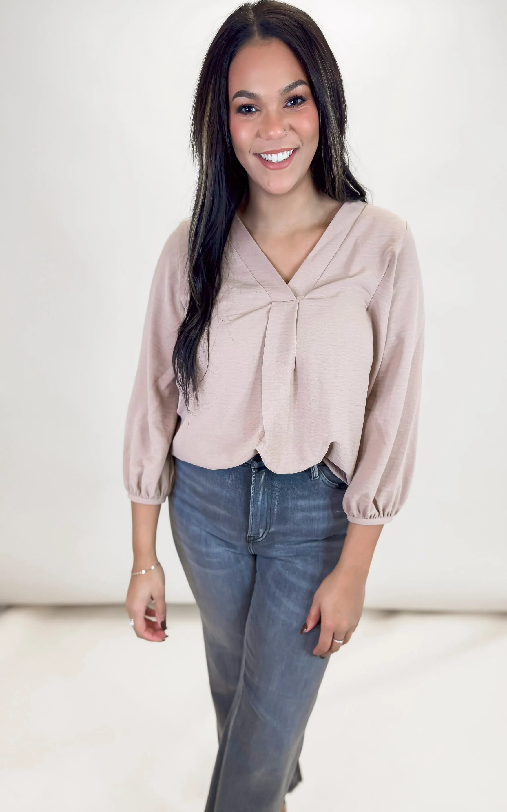 Tan Solid Woven V-Neck Top