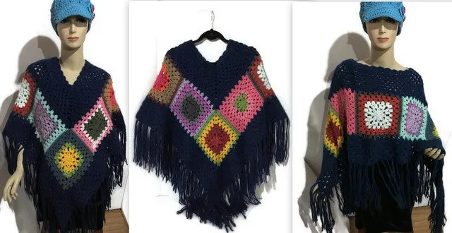 THE BLUE ATLANTIC ALPACA PONCHO, crochet poncho, granny's squares, blue alpaca yarn, hippie poncho, Andrea designs handmade ponchos