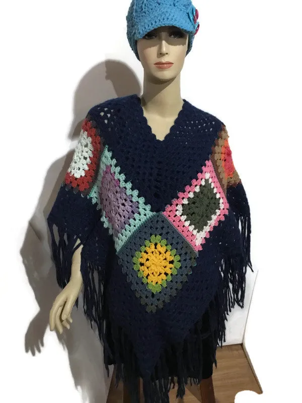 THE BLUE ATLANTIC ALPACA PONCHO, crochet poncho, granny's squares, blue alpaca yarn, hippie poncho, Andrea designs handmade ponchos